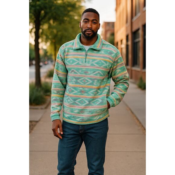 Chubbies Sweatshirt Mens Large Bright 1/4 Zip Pullover Tribal Fleece Commander N - Picture 1 of 9